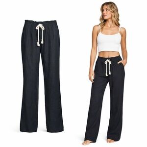 ROXY Black Linen Blend Drawstring Beach Pants | Wide Leg | Size M